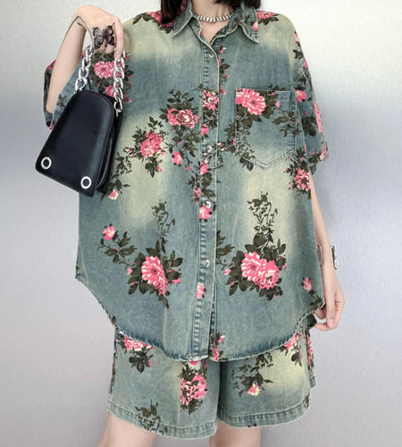 Blue Denim Shirt Wide Leg Shorts Two Piece Suit New Lapel Short Sleeve Women Fashion Tide Spring Summer 2025 1DH6138
