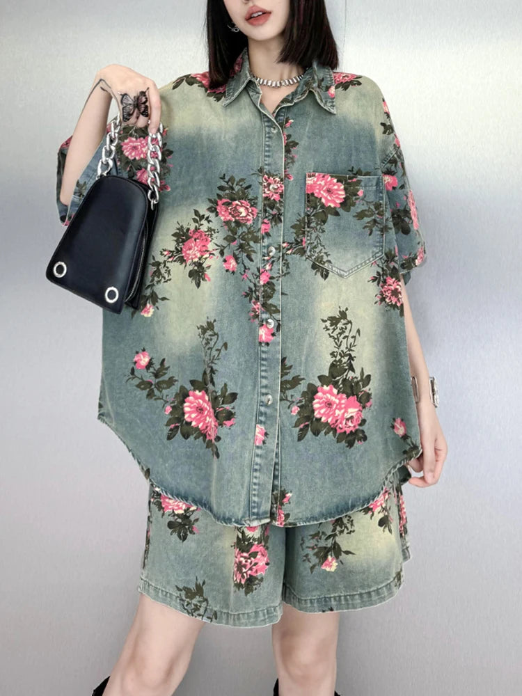 Blue Denim Shirt Wide Leg Shorts Two Piece Suit New Lapel Short Sleeve Women Fashion Tide Spring Summer 2025 1DH6138