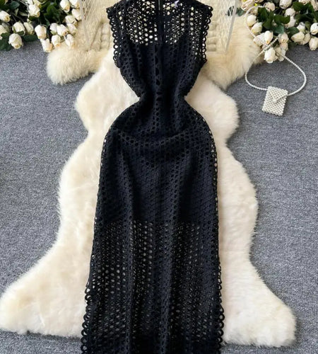 French Women Black Hollow Out Sleeveless Zipper Long Dress White Elegant Round Neck Slim Evening Party Dress Summer Street Trend