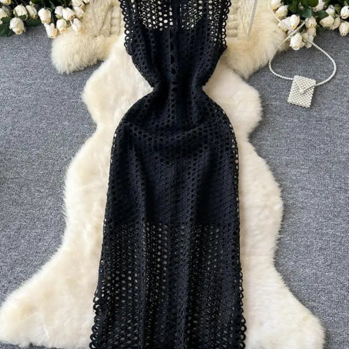 Load image into Gallery viewer, French Women Black Hollow Out Sleeveless Zipper Long Dress White Elegant Round Neck Slim Evening Party Dress Summer Street Trend
