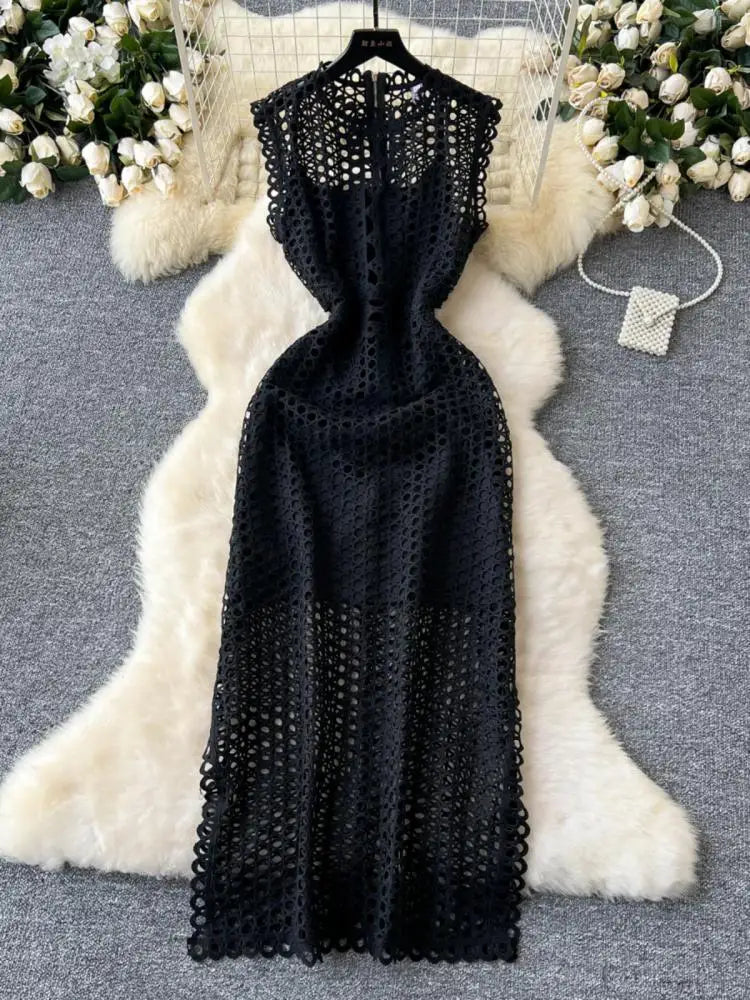 French Women Black Hollow Out Sleeveless Zipper Long Dress White Elegant Round Neck Slim Evening Party Dress Summer Street Trend