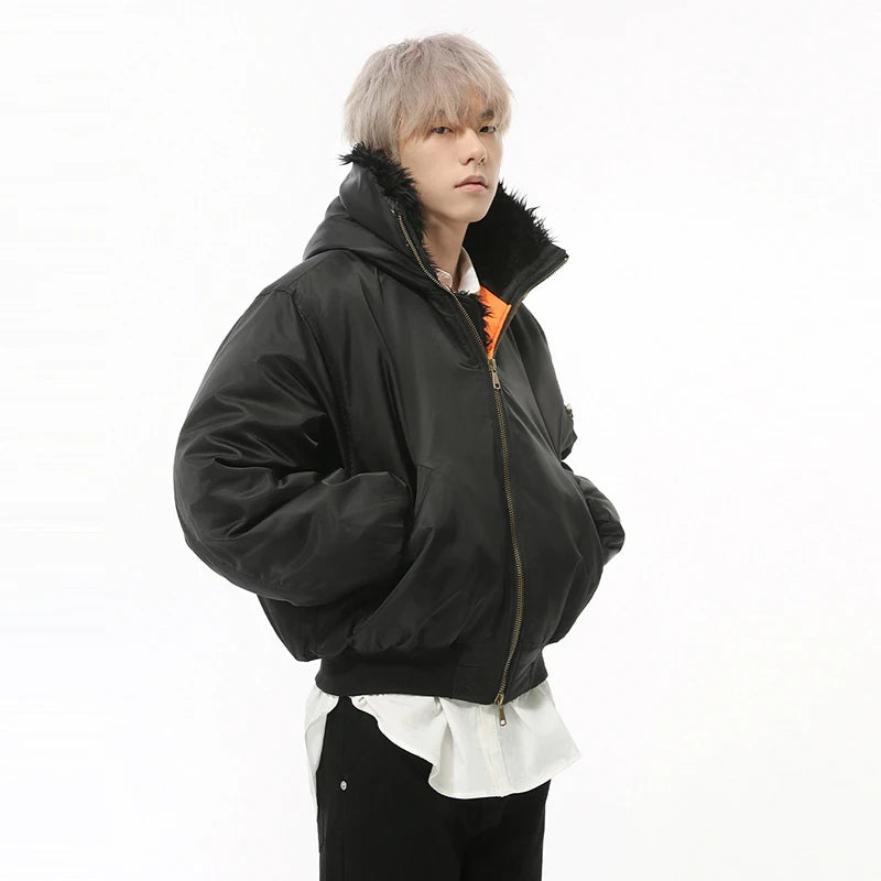Korean Style Men's Cotton Coats Fur Collar Hooded Casual Menswear Solid Color Zipper Patchwork Male Padded Jackets 9C9223