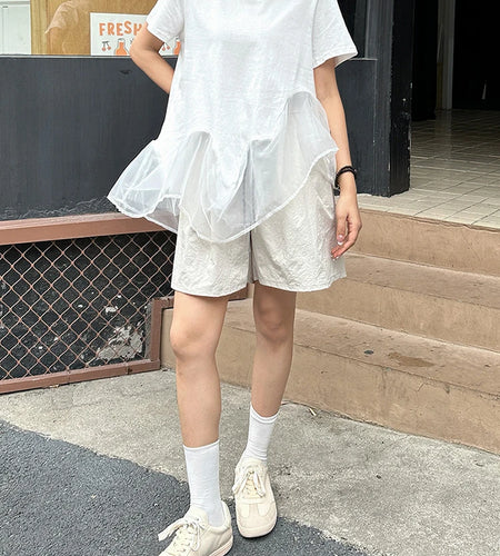 Women White Organza Irregular Hem Casual T-shirt New Round Neck Short Sleeve Fashion Tide Spring Summer 2025 1DJ1395