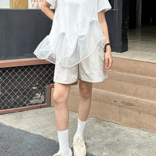 Load image into Gallery viewer, Women White Organza Irregular Hem Casual T-shirt New Round Neck Short Sleeve Fashion Tide Spring Summer 2025 1DJ1395
