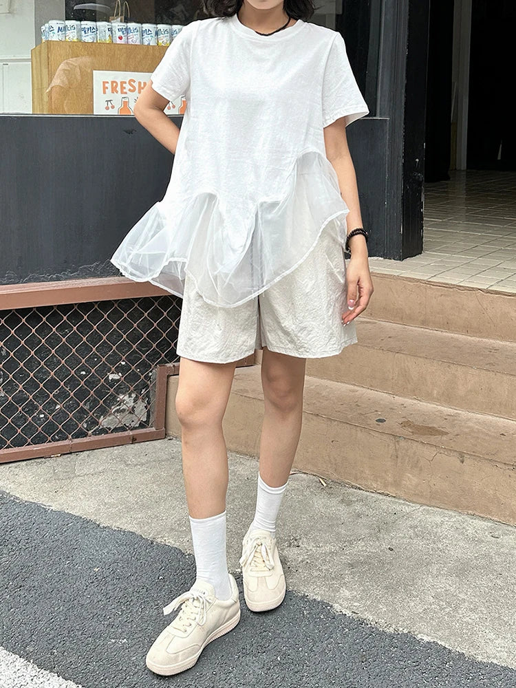 Women White Organza Irregular Hem Casual T-shirt New Round Neck Short Sleeve Fashion Tide Spring Summer 2025 1DJ1395