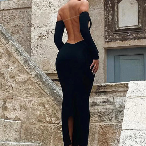 Load image into Gallery viewer, Elegant Strapless Long Sleeve Backless Transparent Slip Slit Sexy Maxi Dress Autumn Women Y2K Outfit Birthday Party
