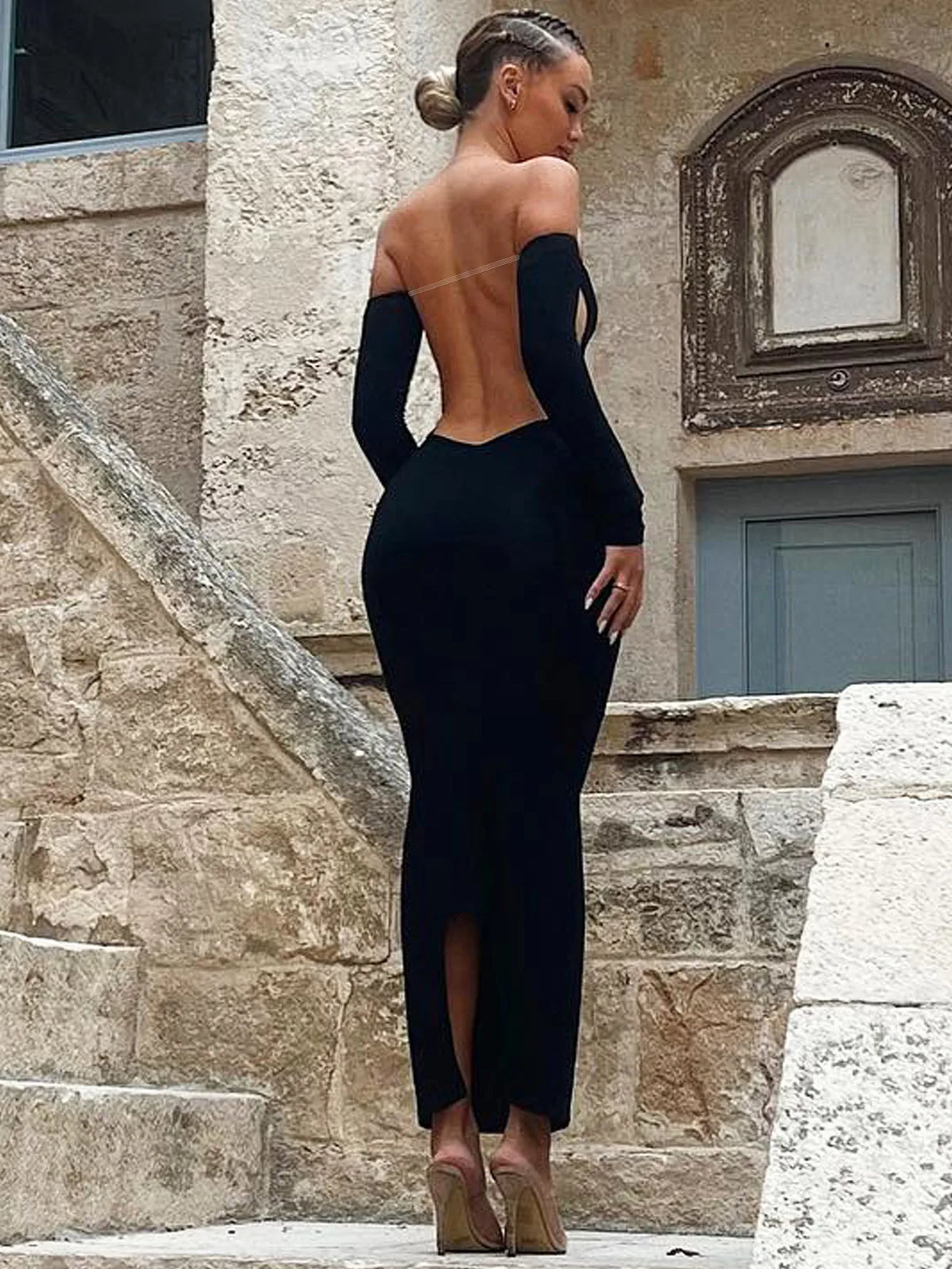 Elegant Strapless Long Sleeve Backless Transparent Slip Slit Sexy Maxi Dress Autumn Women Y2K Outfit Birthday Party