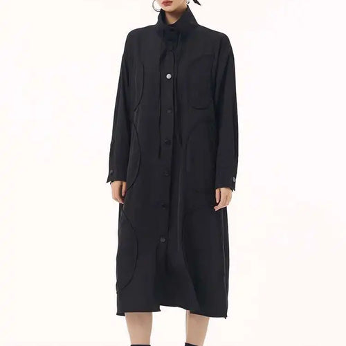 Load image into Gallery viewer, Women Army Green Patch Drawstring Big Size Midi Dress New Stand Collar Long Sleeve Fashion Tide Spring Autumn 2025 1DH9211
