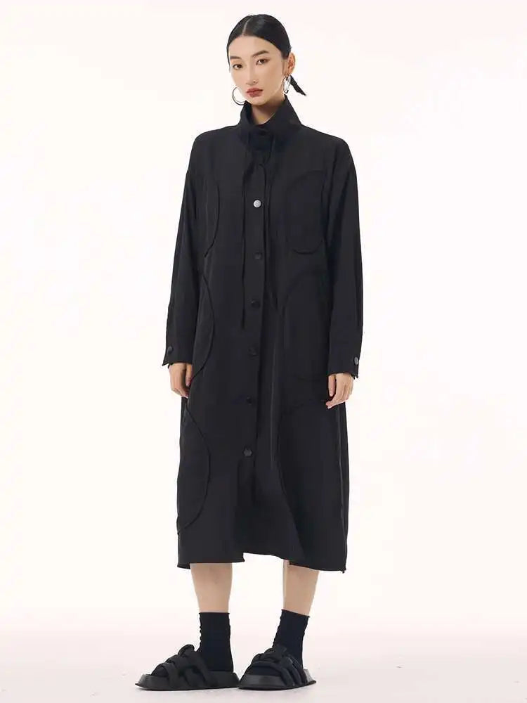 Women Army Green Patch Drawstring Big Size Midi Dress New Stand Collar Long Sleeve Fashion Tide Spring Autumn 2025 1DH9211