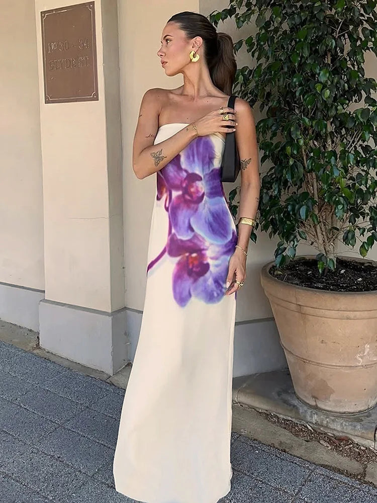 Floral Print Strapless Sexy Maxi Dress For Women Gown Off-shoulder Backless Sleeveless Elegant Long Dress Fashion