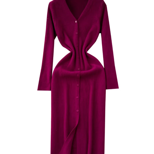 Load image into Gallery viewer, Korean Women Solid V-neck Single Breasted Festival Dresses Autumn Winter Slim Long Sleeve Office Knitted Dress Ladies Simplicity
