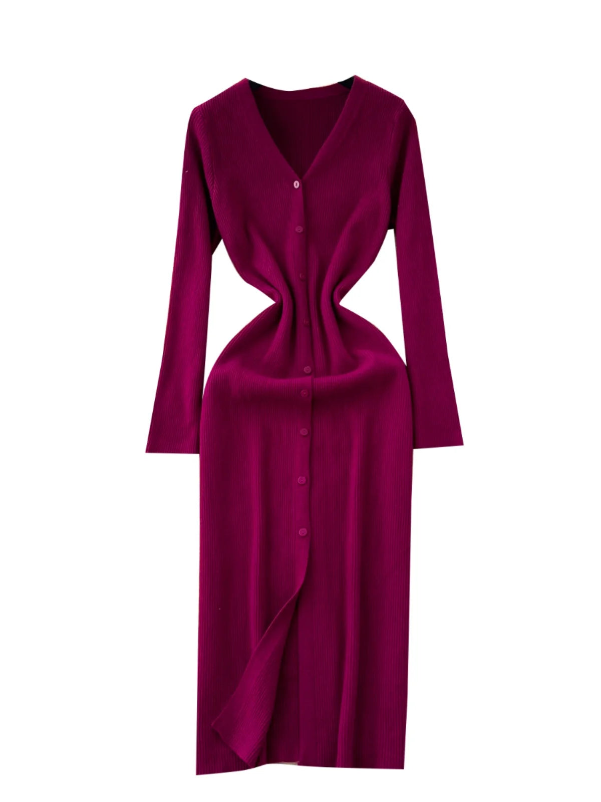 Korean Women Solid V-neck Single Breasted Festival Dresses Autumn Winter Slim Long Sleeve Office Knitted Dress Ladies Simplicity