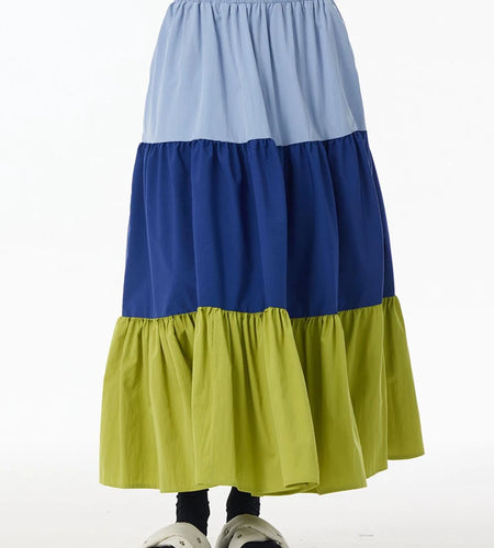 High Elastic Waist Green Color-block Pocket A-line Cake Half-body Skirt Women Fashion Tide New Spring Autumn 2025 1DJ0956