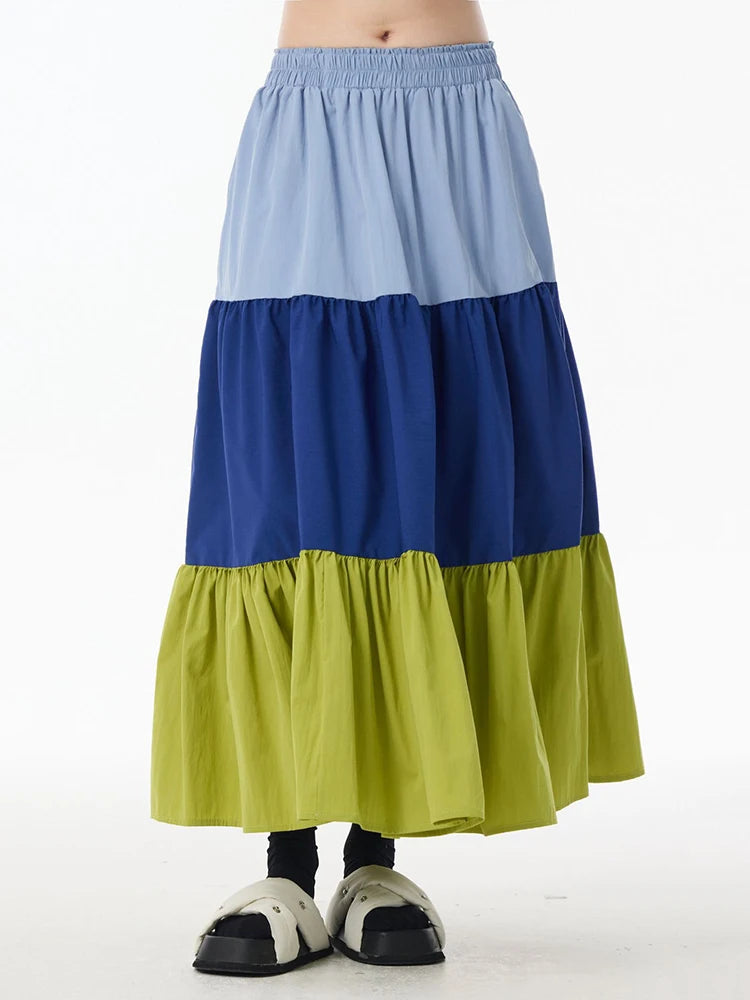 High Elastic Waist Green Color-block Pocket A-line Cake Half-body Skirt Women Fashion Tide New Spring Autumn 2025 1DJ0956