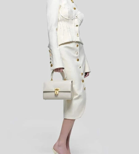 Solid Spliced Single Breasted Two Piece Sets for Women Round Neck Long Sleeves Top High Waist Split Skirt Set Female