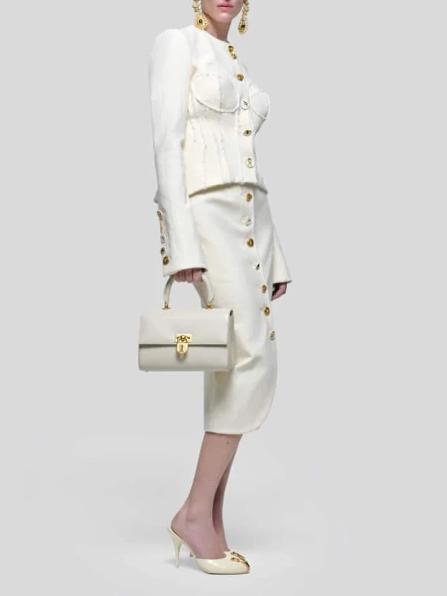 Solid Spliced Single Breasted Two Piece Sets for Women Round Neck Long Sleeves Top High Waist Split Skirt Set Female