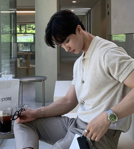 Men's Knitted Short Sleeve T-shirt Youth Handsome Turn-down Neck T-shirts New Korean Summer Loose Top Trendy 2025 9W1359