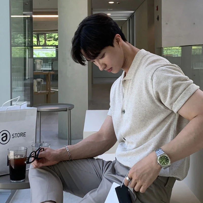 Men's Knitted Short Sleeve T-shirt Youth Handsome Turn-down Neck T-shirts New Korean Summer Loose Top Trendy 2025 9W1359