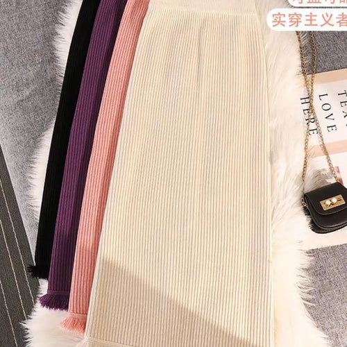 Load image into Gallery viewer, Solid Tassel Split Long Skirts Women Warm Cozy Elegant Casual All-match Korean Elastic Waist A-line Knitted Wrap Hip Skirt Trend
