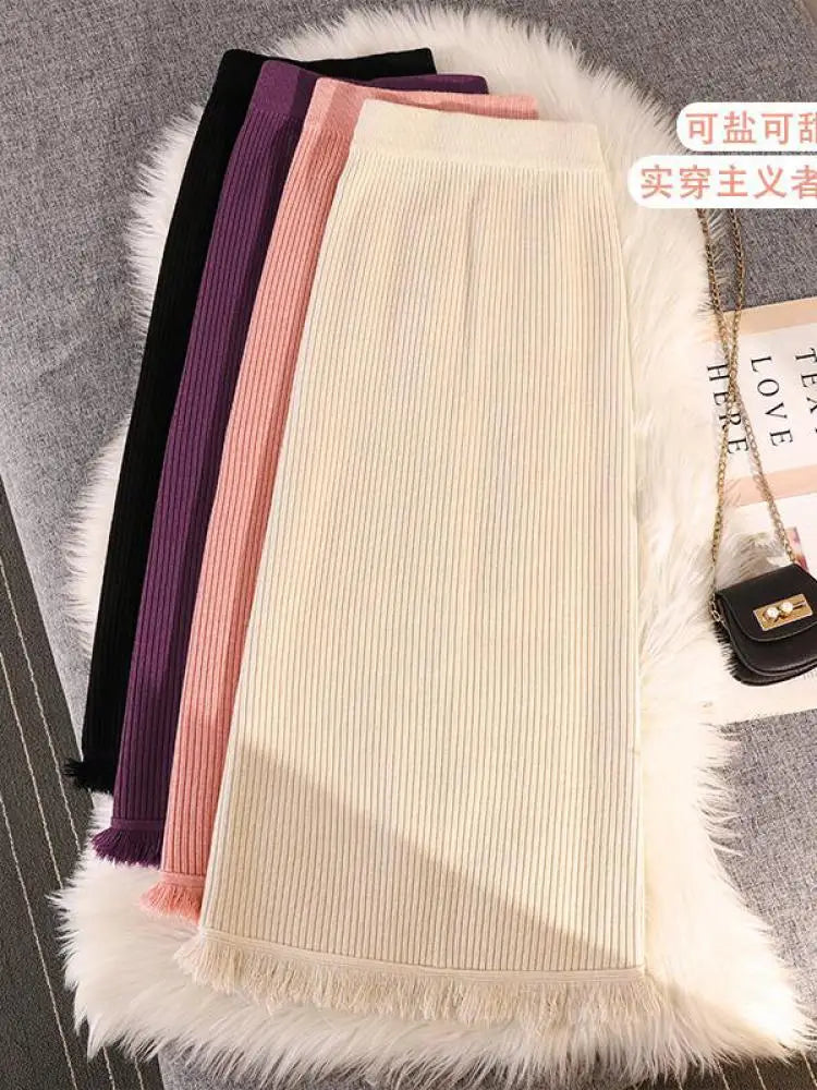 Solid Tassel Split Long Skirts Women Warm Cozy Elegant Casual All-match Korean Elastic Waist A-line Knitted Wrap Hip Skirt Trend