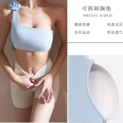 Load image into Gallery viewer, Off-shoulder Bra Solid Color Sports Tops Woman Gym White Black Sports Bra Sexy One-Shoulder Split Women&#39;s Flower Yoga Clothes
