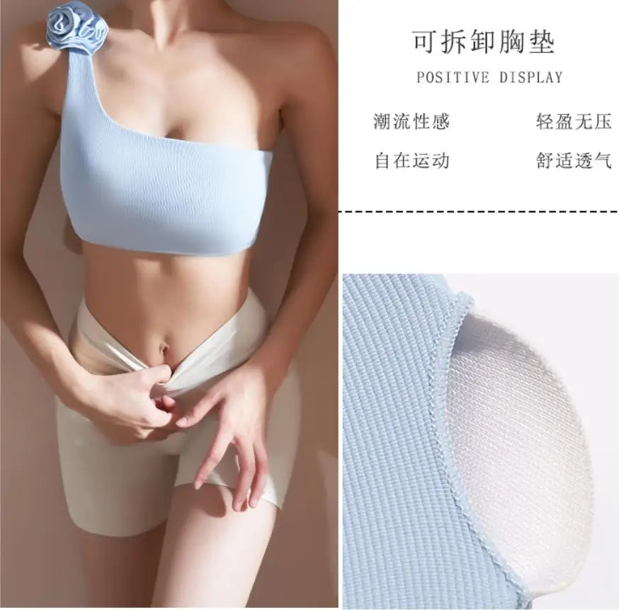 Off-shoulder Bra Solid Color Sports Tops Woman Gym White Black Sports Bra Sexy One-Shoulder Split Women's Flower Yoga Clothes