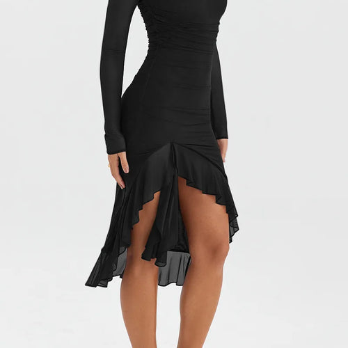 Load image into Gallery viewer, Elegant Ruffle Ruched Midi Dress For Women Robe Sheer Long Sleeve Backless Irregular Club Party Sexy Dress Vestido
