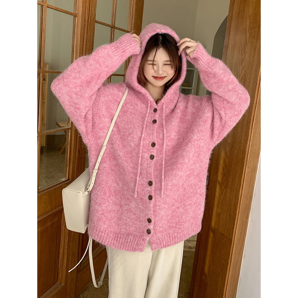 Korean Fashion Solid Elegant Single Breasted Short Hooded Sweater Women Autumn Winter Long Sleeve Vacation Cardigan Knitted Tops