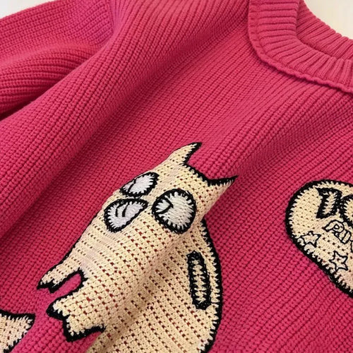 Load image into Gallery viewer, Autumn Winter Cartoon Sweater Streetwear Green Oversized Pullovers For Women Rose Red Knitted Top Warm Soft Jumper C-175
