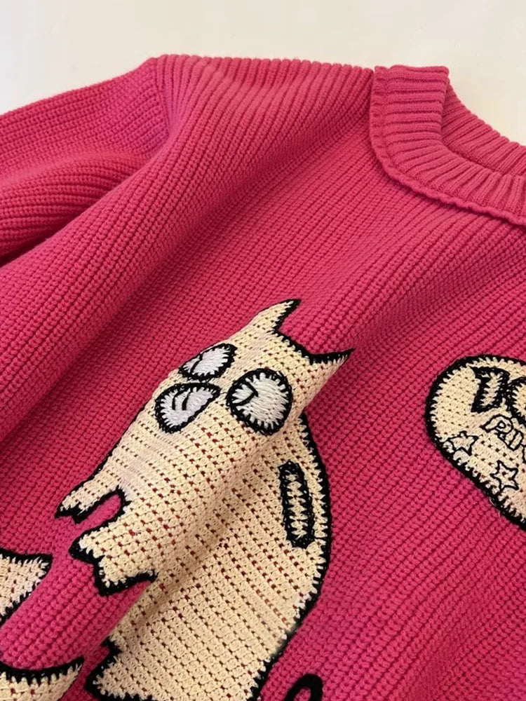 Autumn Winter Cartoon Sweater Streetwear Green Oversized Pullovers For Women Rose Red Knitted Top Warm Soft Jumper C-175