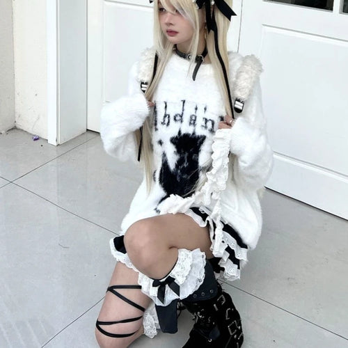 Load image into Gallery viewer, Gothic Cartoon Jacquard Kawaii Sweater Y2K Aesthetic Loose Knitted Pullover Harajuku Grunge Casual Fairy Jumper Pull Femme Tops
