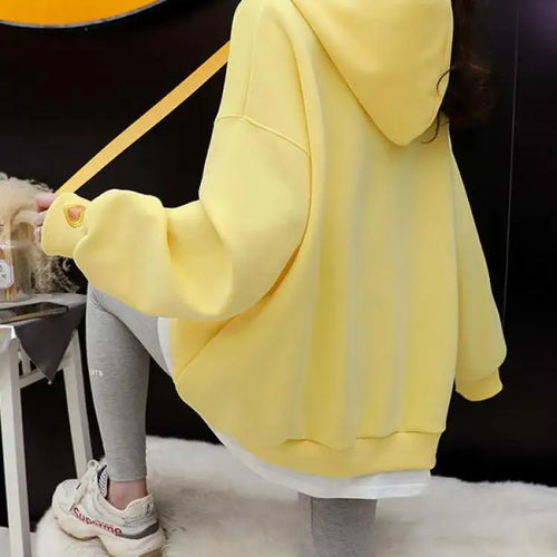 Load image into Gallery viewer, Heart Embroidery Hooded Pockets Sweatshirt Women Long Sleeve Tops Korean Office Loose Autumn Oversize Pullover Hoodie Ladies
