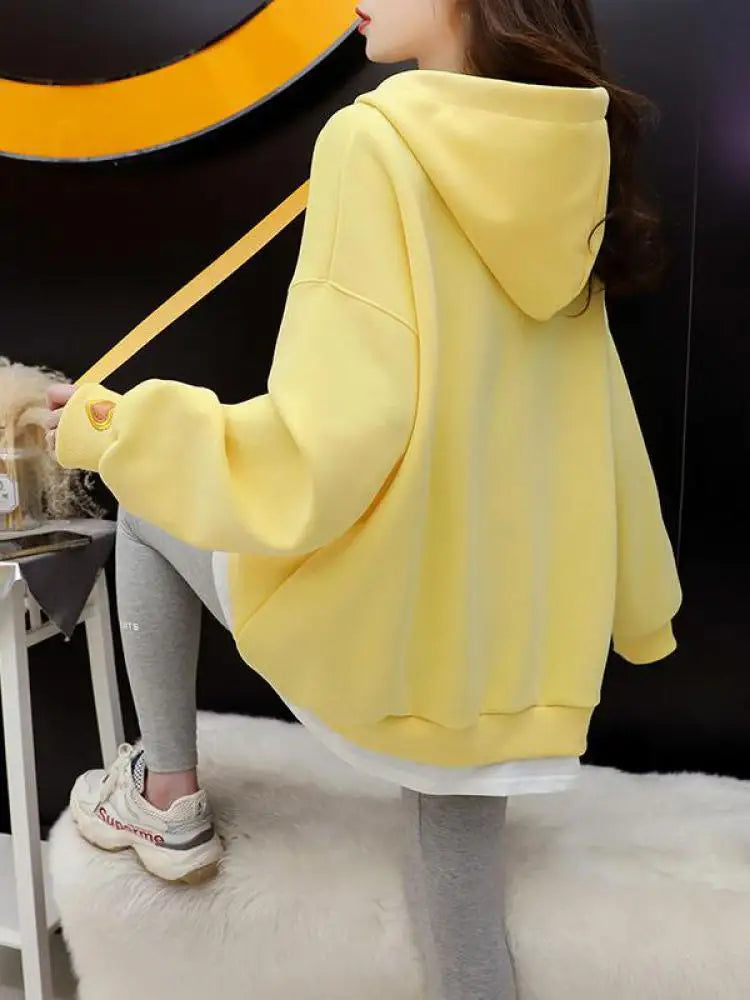 Heart Embroidery Hooded Pockets Sweatshirt Women Long Sleeve Tops Korean Office Loose Autumn Oversize Pullover Hoodie Ladies