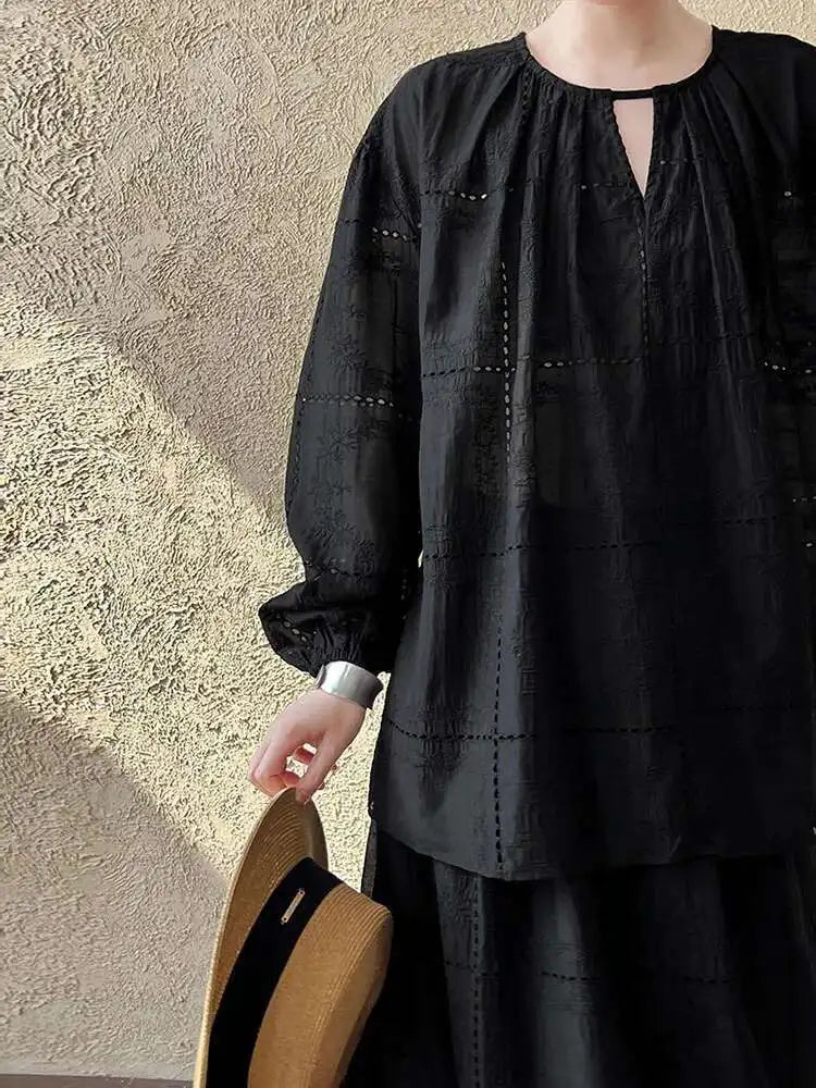 Lace Big Size Shirt Half-body Skirt Two Pieces Suit New Round Neck Long Sleeve Women Fashion Spring Autumn 2025 1DJ0062