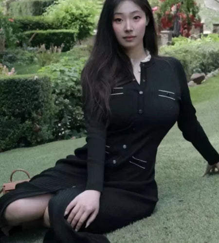 Korean 2024 Autumn Winter New Ladies Black Elegant Long Sleeve Knitted Dress Women Fashion Crew Neck Slim Single Breasted Dress