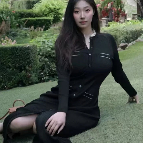 Load image into Gallery viewer, Korean 2024 Autumn Winter New Ladies Black Elegant Long Sleeve Knitted Dress Women Fashion Crew Neck Slim Single Breasted Dress

