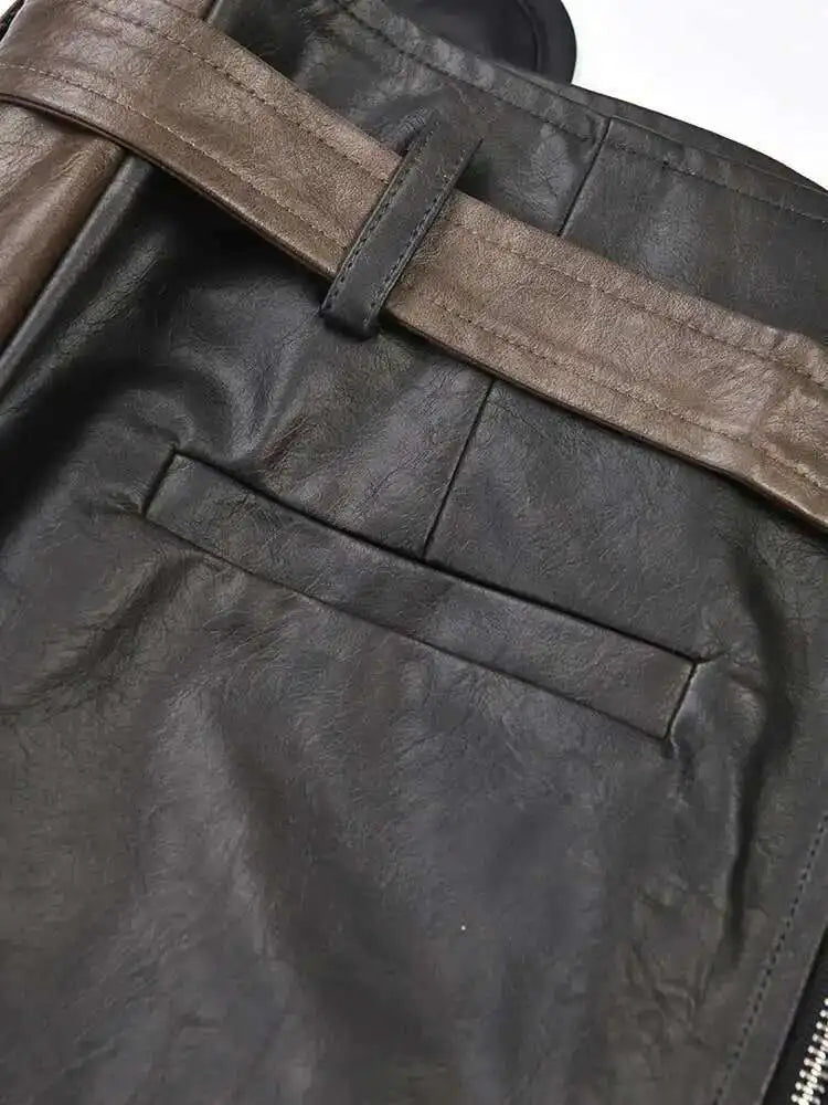 High Waist Belted Brown  Irregular Pu Leather String Half-body Skirt Women Fashion Tide New Spring Autumn 2025 1DE422916