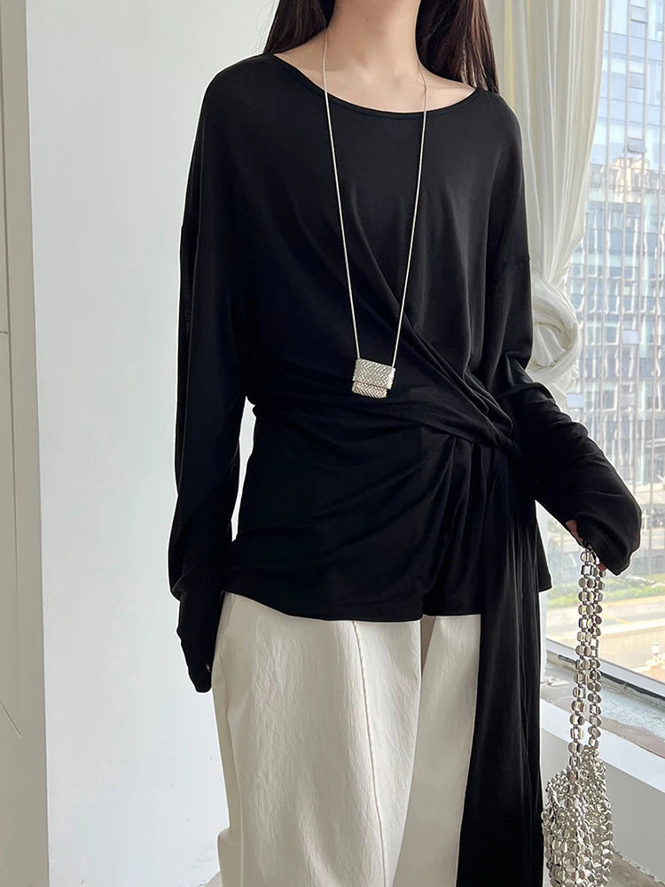 Women White Thin Bandge Perspective Big Size T-shirt New Round Neck Long Sleeve Fashion Tide Spring Autumn 2025 1DJ1303