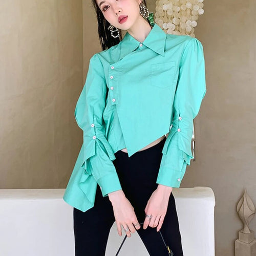 Load image into Gallery viewer, Minimalist Shirts For Women Lapel Long Sleeve Patchwork Button Casual Loose Irregular Summer Blouse Female Fashion
