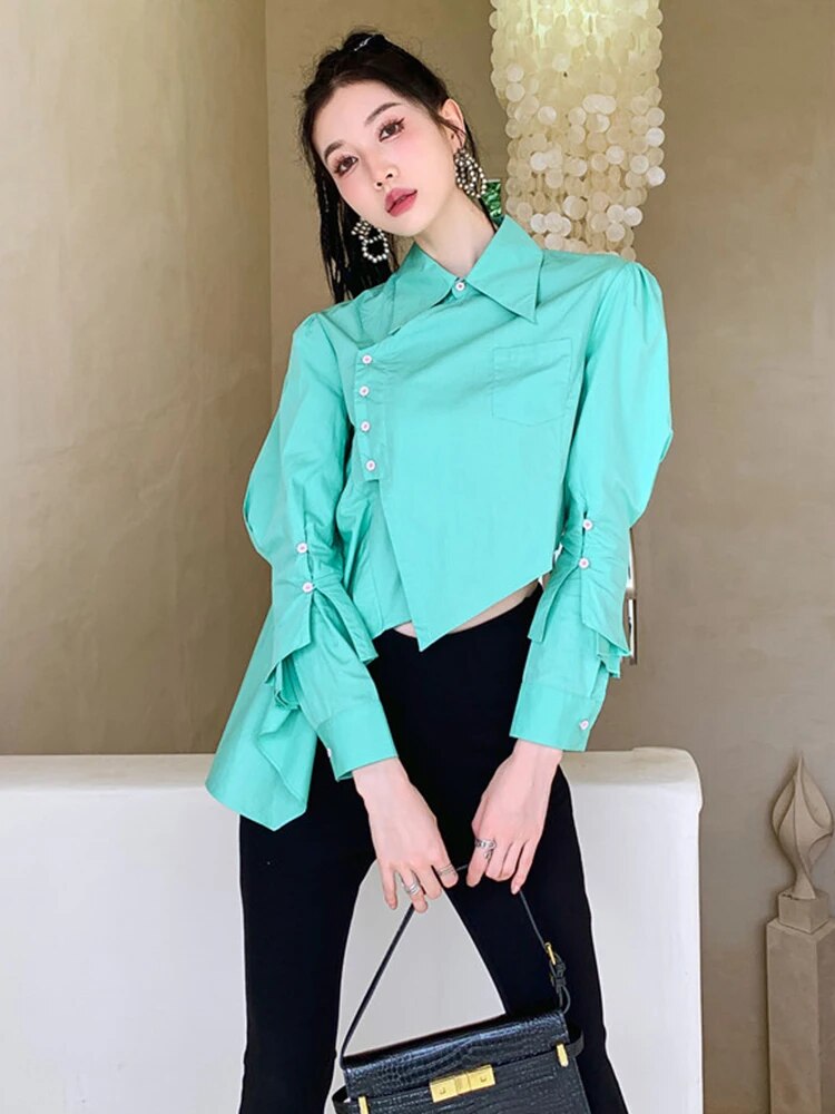 Minimalist Shirts For Women Lapel Long Sleeve Patchwork Button Casual Loose Irregular Summer Blouse Female Fashion