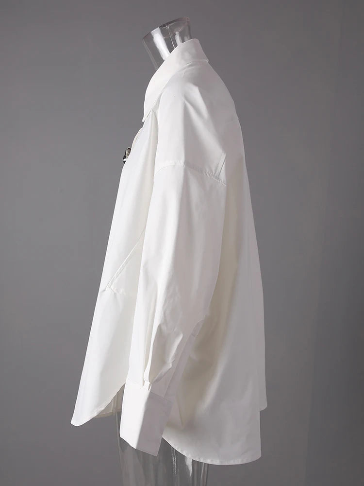 Women White Flower Button Big Size Casual Blouse New Lapel Long Sleeve Shirt Fashion Tide Spring Autumn 2025 1DJ0816