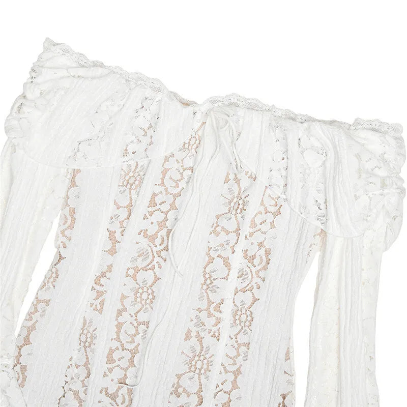 Off-shoulder Lace Sexy Mini Dress For Women White Strapless Long Sleeve Backless Bodycon Club Party Sexy Dress Elegant