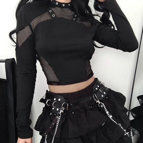 Load image into Gallery viewer, Gothic Dark Skinny Women T-shirts Fishnet Spliced Harajuku Crop Top Hollow Out Eyelet Punk Tee Shirt Stand Collar New
