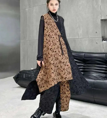 Coffee Big Size Vest Wide Leg Pants Two Piece Suit New V-Neck Sleeveless Women Fashion Tide Spring Autumn 2025 1DH4580