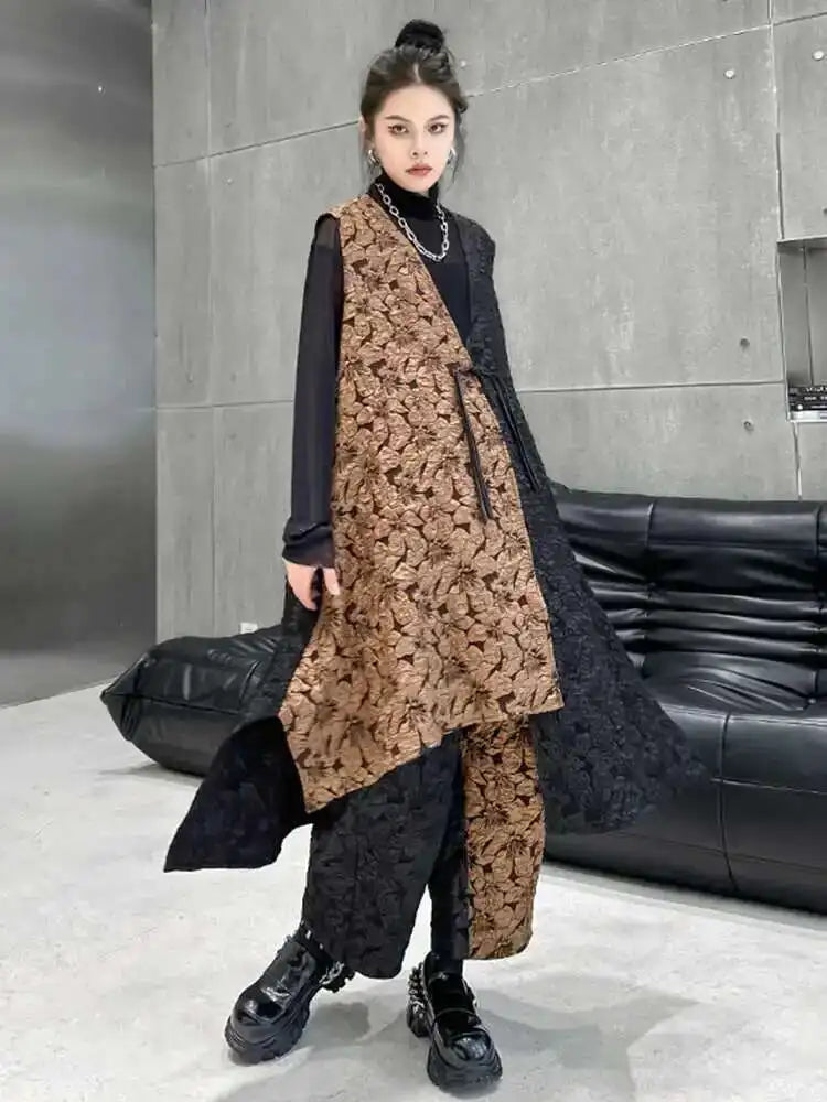 Coffee Big Size Vest Wide Leg Pants Two Piece Suit New V-Neck Sleeveless Women Fashion Tide Spring Autumn 2025 1DH4580