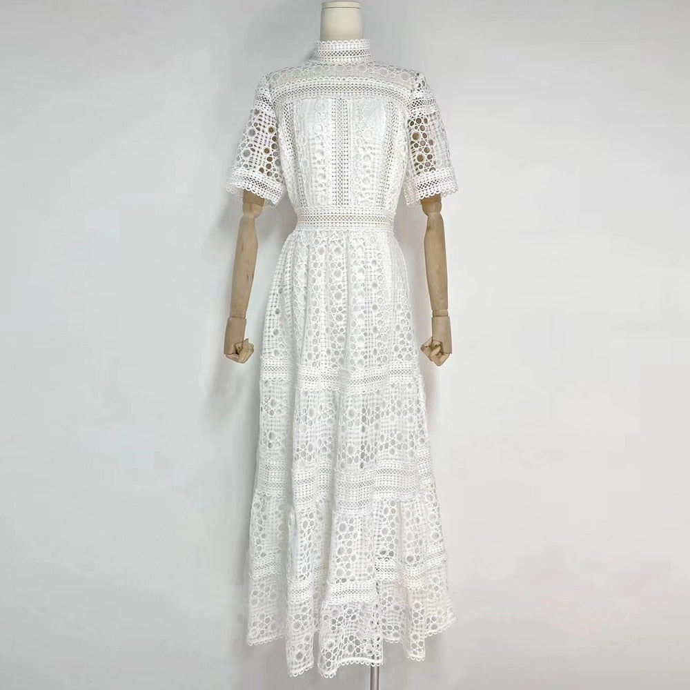 Vintage Embroidery Dress For Women Stand Collar Short Sleeve High Waist Lace Panel Cut Out Elegant Dresses Female