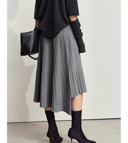 Women's Minimalise Patchwork Skirts 2024 Winter Versatile A Line Pleated Irregular Female Commuter Knitted Skirt 12424047