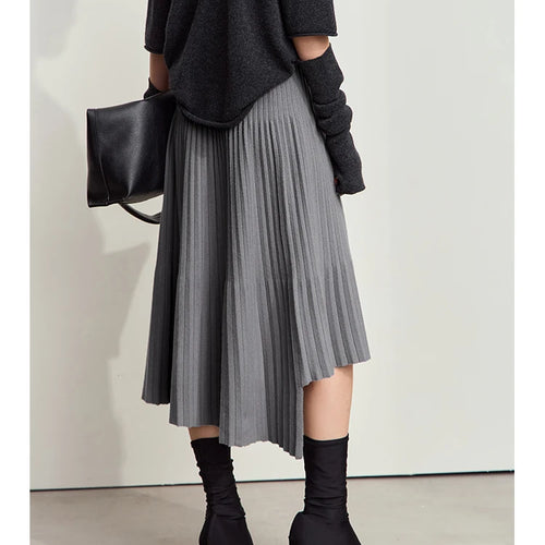 Women's Minimalise Patchwork Skirts 2024 Winter Versatile A Line Pleated Irregular Female Commuter Knitted Skirt 12424047