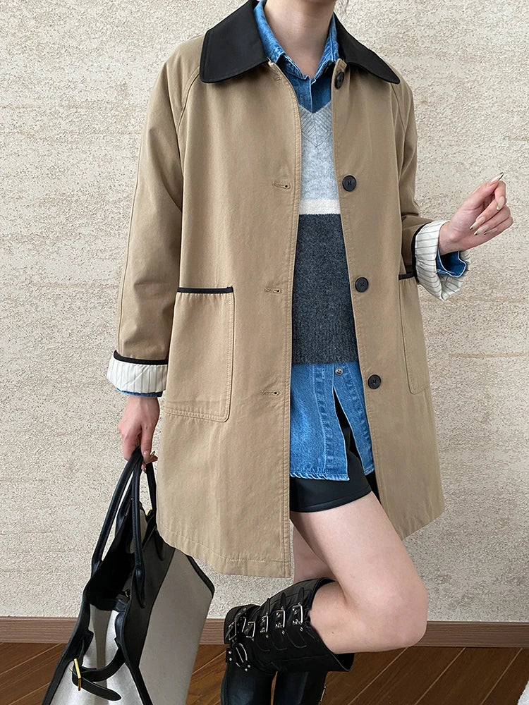 Women Khaki Color-block Big Size Casual Trench New Lapel Long Sleeve Windbreaker Fashion Tide Spring Autumn 2025 1DH7514