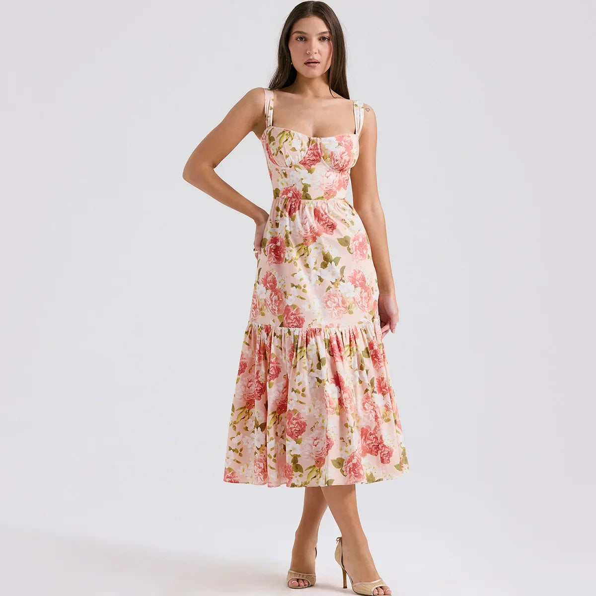 Summer Ruffle Hems Elegant Party Dresses 2024 Causal Floral Print Fit and Flare Dress with Pocket Women Midi Dress